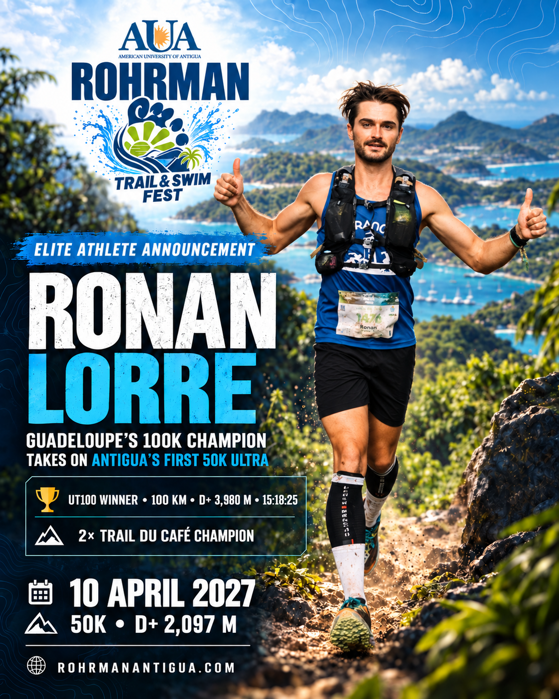 Elite athlete announcement for Ronan Lorre competing in the 2027 AUA Rohrman 50K Ultra